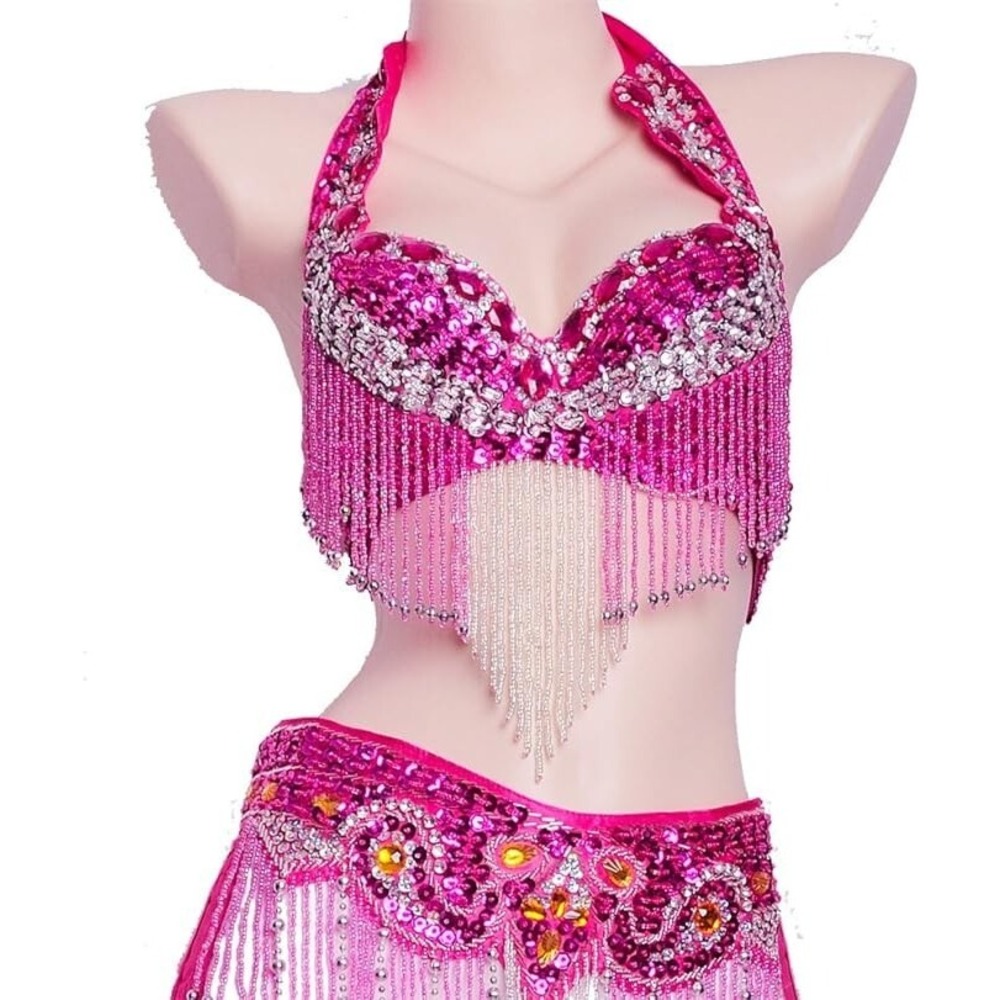 Belly Dance Costume Beaded 3 PC Bra Belt and Skirt Pink MED B-C Cup NWOT